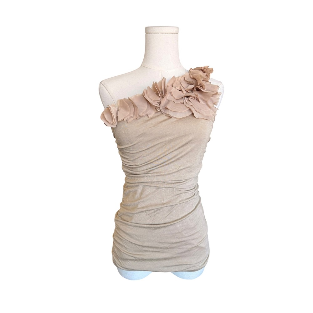 Y2K Beige One Shoulder 3D Floral Ruched Top Size S Coquette Going Out